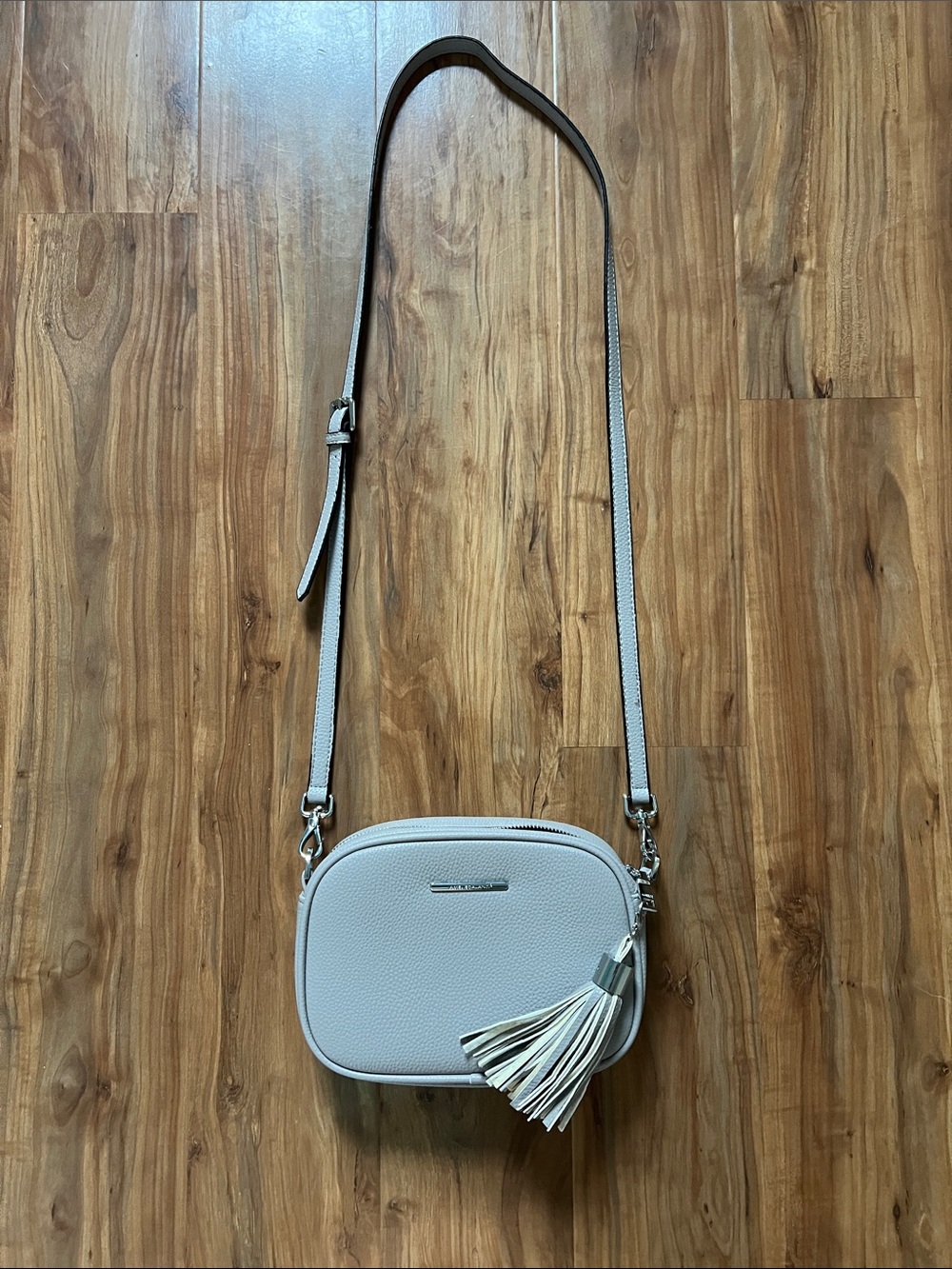 Pebbled Leather Crossbody Bag with Tassel in Light Gray